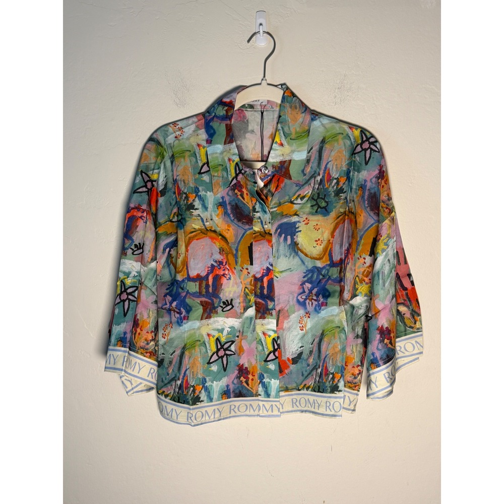 ROMY Vibescent Cropped Shirt Abstract Art Print Multi Color Size M NWT $250